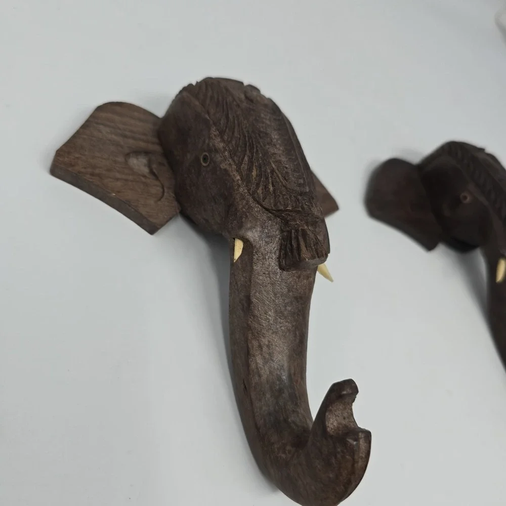 VTG Hand Carved Wood Elephant Head Wall Hanging /Hooks 6